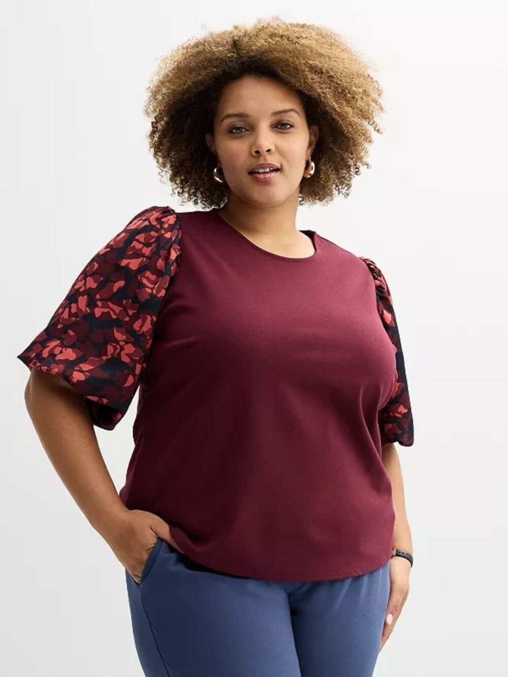LIKE NEW! Nine West Ponte Puff Sleeve Top for women Burgundy